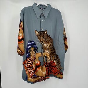 Mens Y2K Anime Graphic Shirt Sz XXL Bold Tiger Leopard Print Oversized Statement